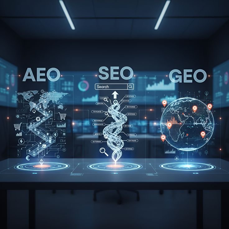 Three holographic panels labelled AEO, SEO and GEO - a search pipeline, a ranking helix and a globe with location pins