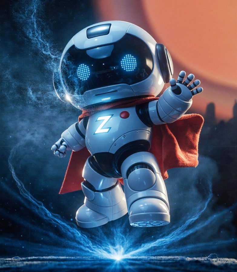 A white robot mascot with a red cape and a glowing Z waving in a blue haze