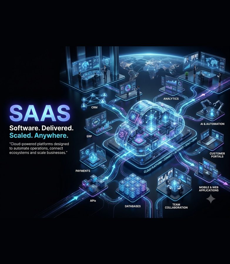 SaaS ecosystem infographic with a glass cloud core and connected modules