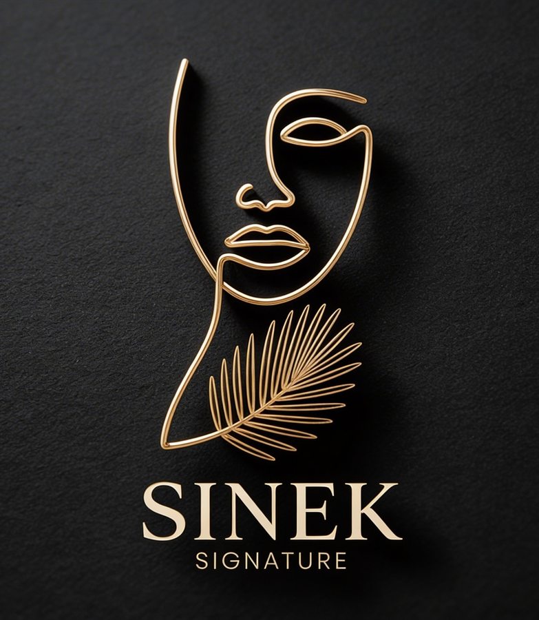 Sinek Signature logo - a gold single-line face with a palm leaf above a serif wordmark