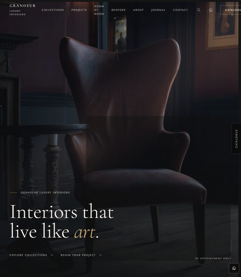 Grandeur Luxury Interiors home page - a leather wingback chair in a dark room under the headline Interiors that live like art