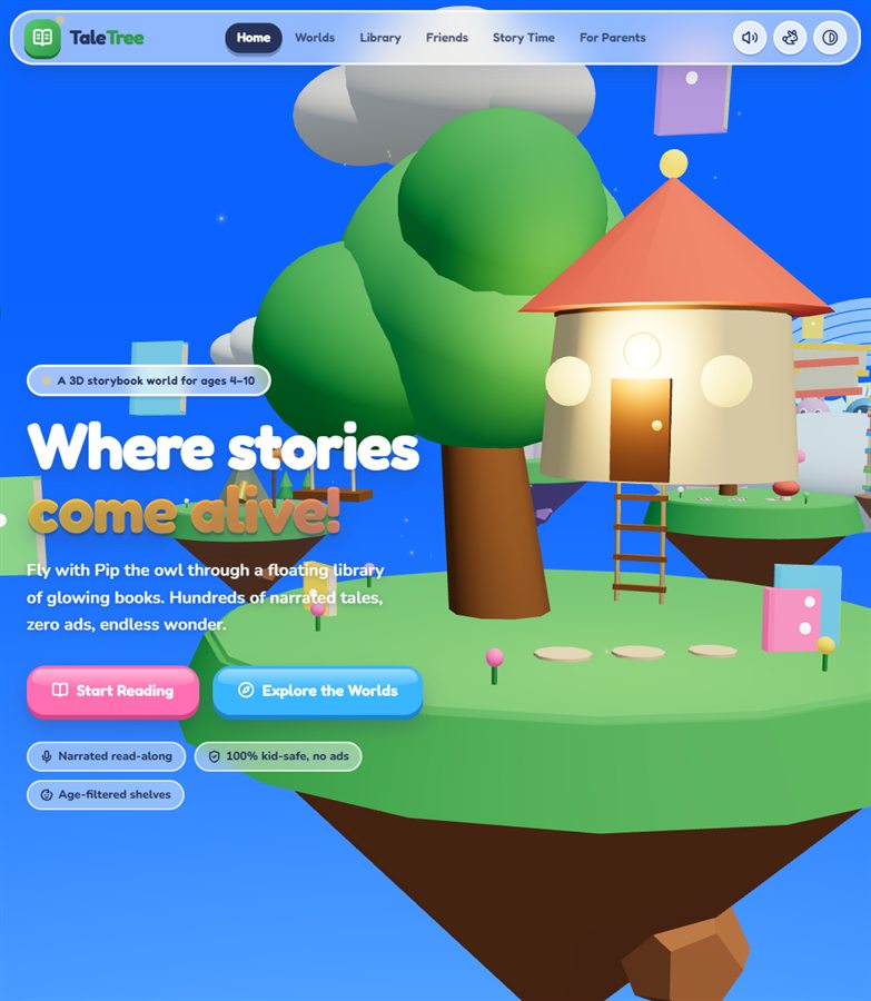 TaleTree home page - a 3D floating island with a storybook treehouse and the headline Where stories come alive