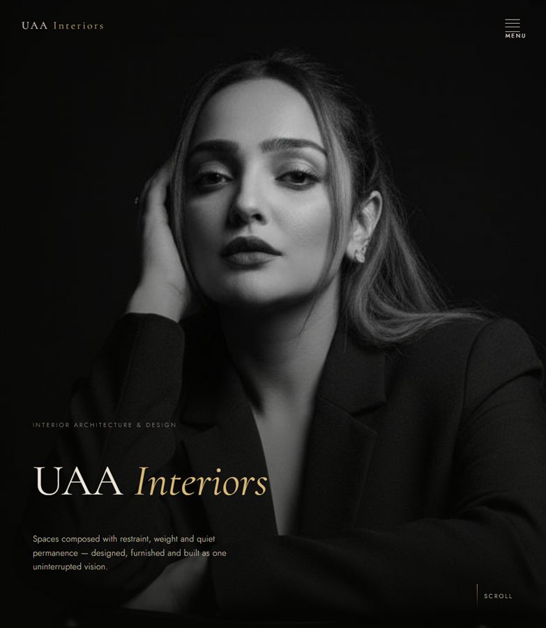 UAA Interiors home page - a black and white portrait with the UAA Interiors wordmark