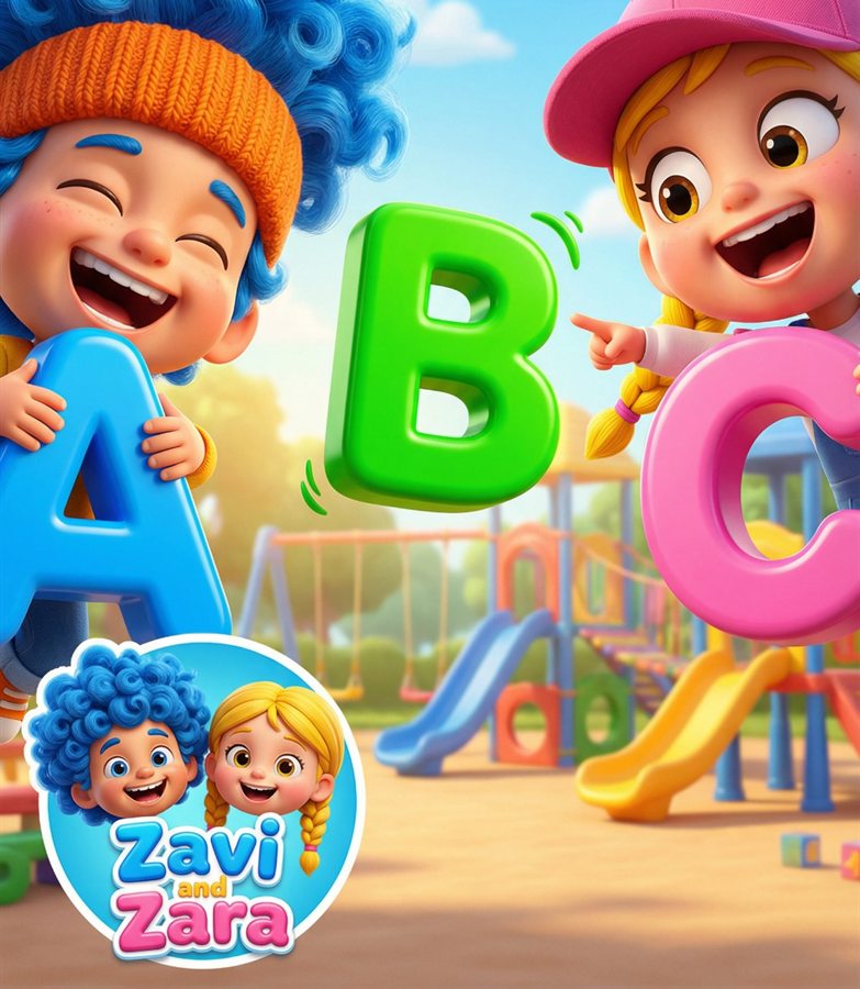Zavi and Zara, two animated children holding giant A, B and C letters in a playground