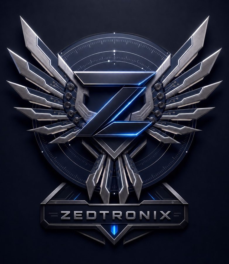 The Zedtronix winged Z emblem in brushed steel and blue light above a ZEDTRONIX name plate